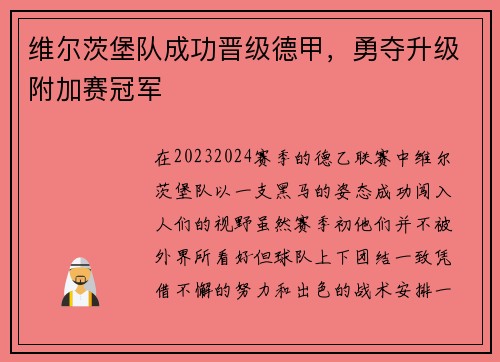 维尔茨堡队成功晋级德甲，勇夺升级附加赛冠军
